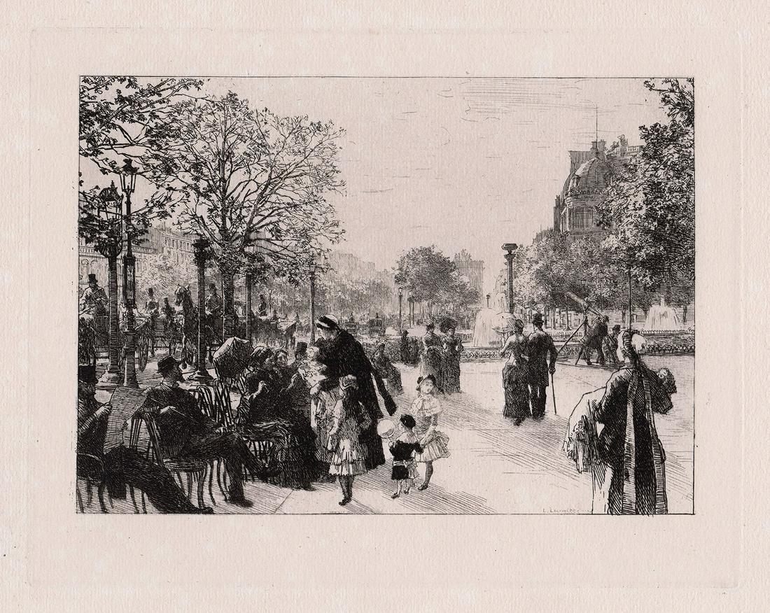 Leon Lhermitte Champs Elysees 1884 etching: Leon Augustin. Lhermitte. In the Champs Elysees. Original hand pulled copper plate etching on laid paper. 1884. Excellent. Image size 6 x 8 1/2 inches. Approximately 15 x 18 inches. This piece has bee