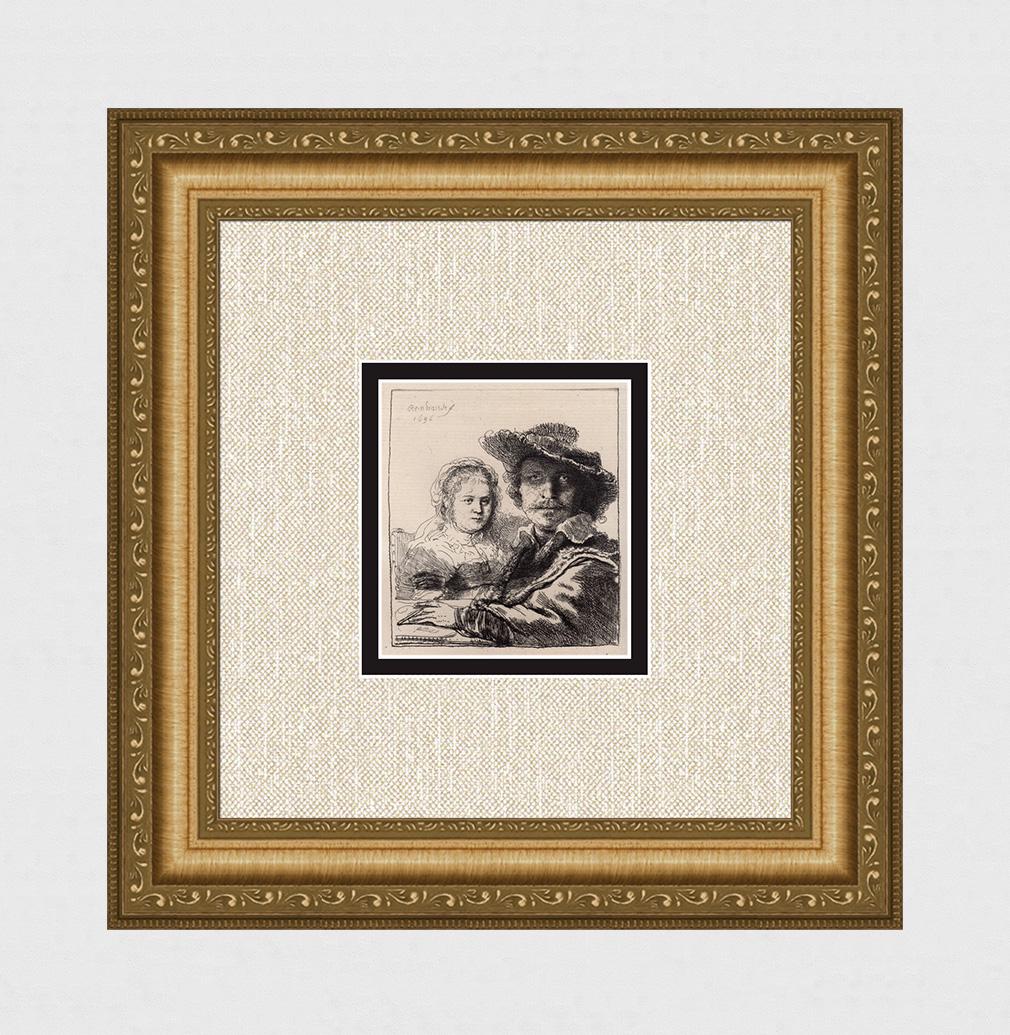 1800s REMBRANDT B19 Etching Self Portrait with Saskia: After Rembrandt Harmenszoon Van Rijn (1606-1669). Title: Self Portrait with Saskia. Medium: Antique hand pulled copper plate etching on laid paper after the original by master etcher Amand Durand (183