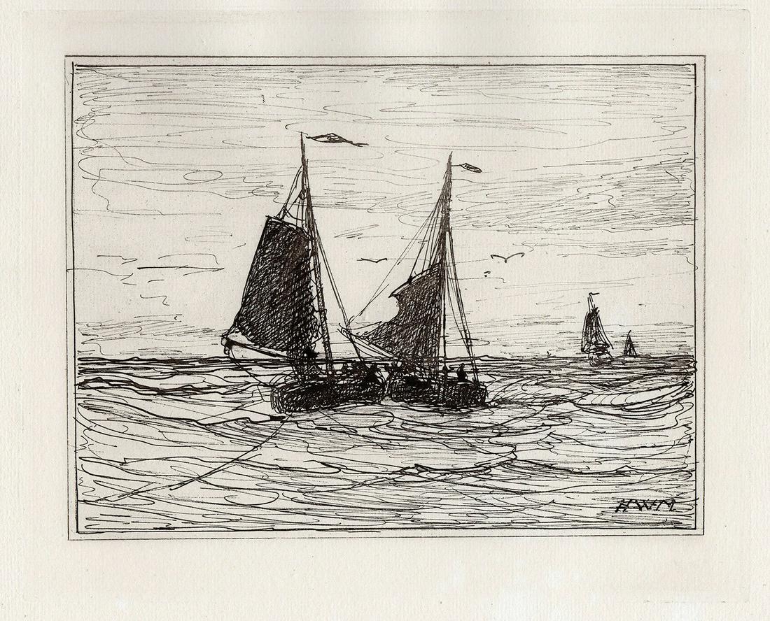 Hendrik Willem Mesdag 1882 etching The Collision signed: Hendrik Willem Mesdag. (Dutch, 1831-1915). The Collision. Antique Etching on laid paper after the original by master etcher Dujardin. 1882. Signed in the plate, lower right. Excellent. Image Size 8 1/