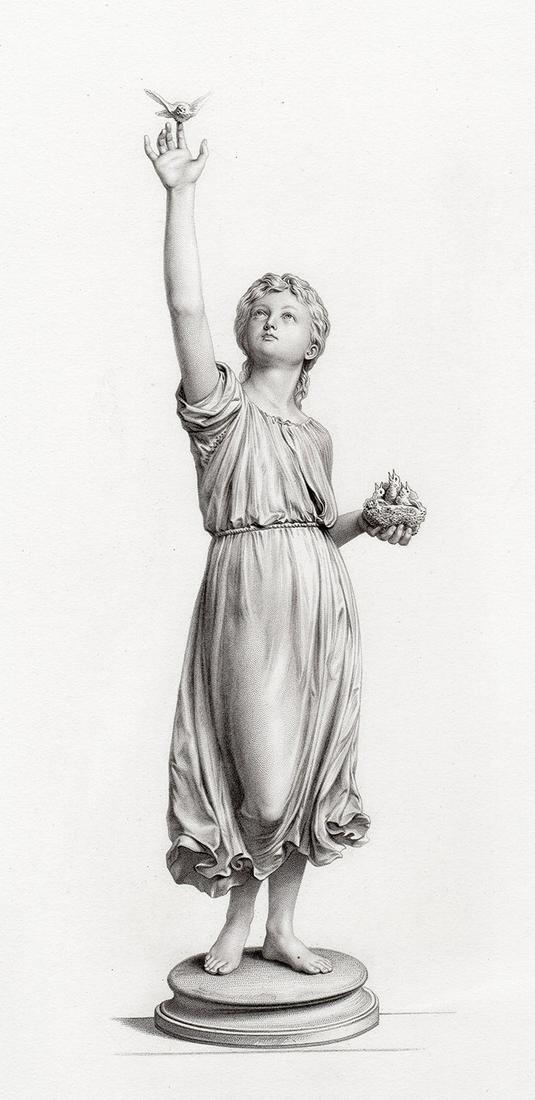 Albert Bruce Joy The First Flight 1879 engraving: Albert Bruce-Joy (Irish, 1842 â€“ 1924). The First Flight. Antique engraving on wove paper after the original Bronze Statue by master engraver William Roffe (active 1889-1893). 1879. Excellent. I