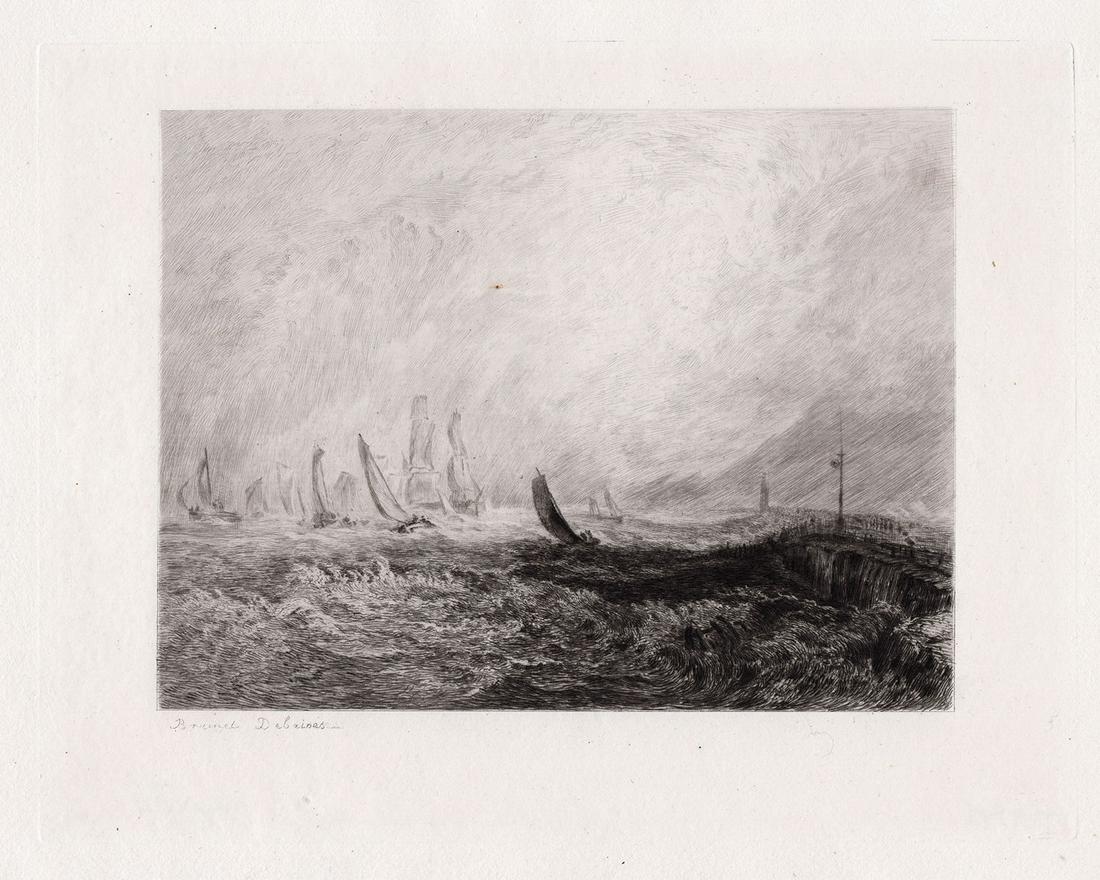 J.M.W. Turner 1875 etching Port Ruysdael signed: Joseph Mallord William Turner. (English, 1775-1851). Port Ruysdael. Antique etching on laid paper after the original oil on canvas by master etcher Alfred Brunet-Debaines (French, 1845-1939). 1875. Si
