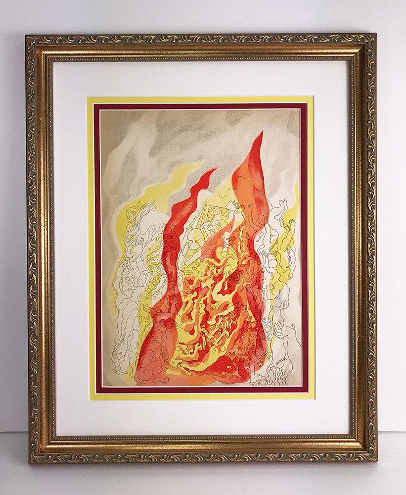 1937 Abraham Rattner Fire lithograph signed: Abraham Rattner. (1893-1978). Fire. Original Color Lithograph on Wove Paper. 1937. Signed in the Plate. Excellent. Teriade. Atelier Mourlot. Sheet Size - 10 1/4 x 14 inches. Approximately 16 3/4 x 19