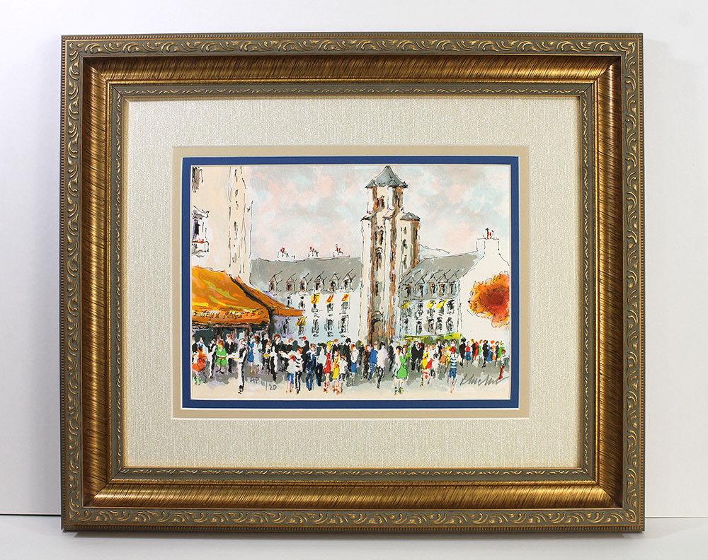 Urbain Huchet Saint Germain des Pres lithograph signed: Urbain Huchet (French, 1930 - 2014). Saint Germain des Pres. Original Color Lithograph on Arches Rag Paper. Hand Signed by the Artist Lower Right, Numbered in Pencil Lower Left. Excellent. Sheet Size 