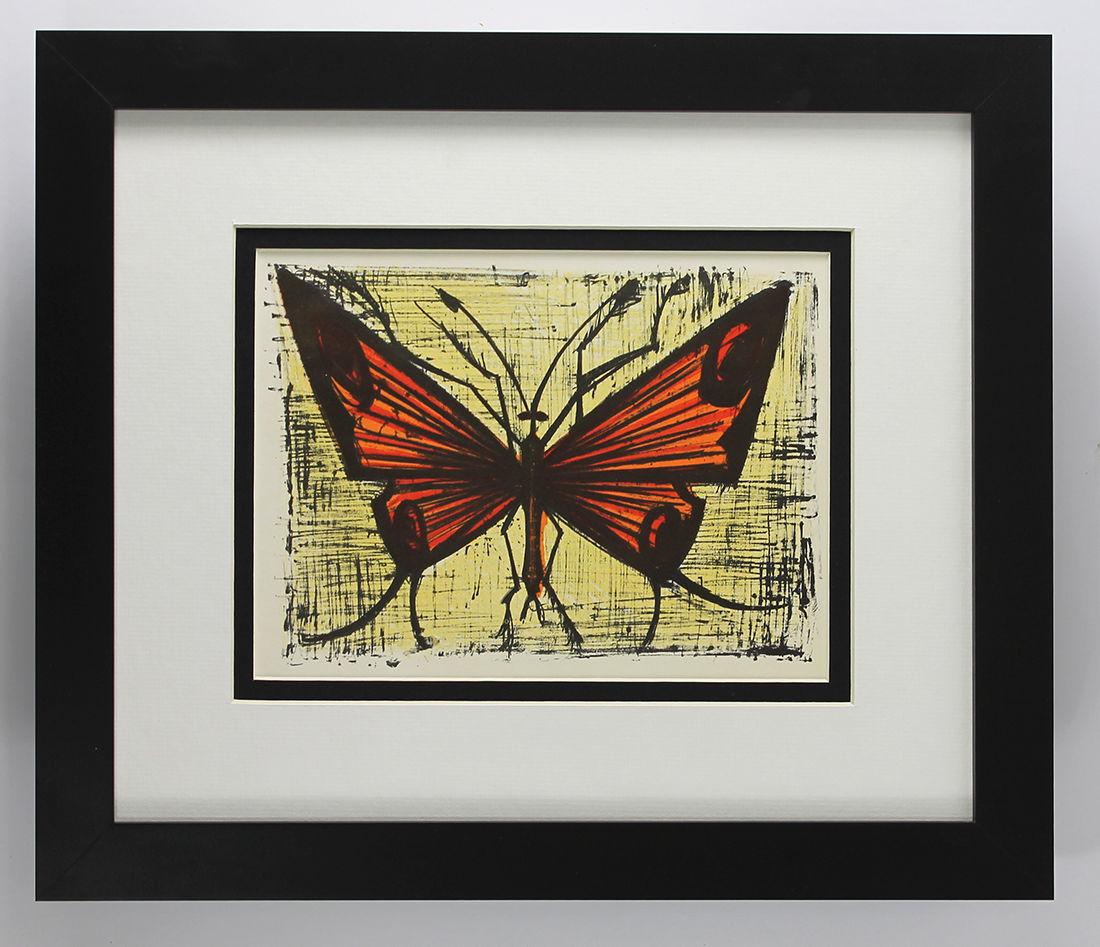 Bernard Buffet The Orange Butterfly 1967 lithograph: Bernard Buffet. (1928-1999). The Orange Butterfly. Color Lithograph on Wove Paper after the Original. 1967. Excellent. Atelier Mourlot. Image Size 6 1/4 x 8 1/2 inches. Approximately 15 x 17 inches .