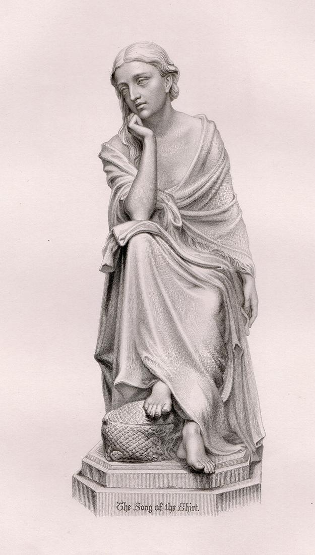 Marshall Wood The Song of the Shirt 1869 engraving: Marshall Wood. (British, 1834-1882). The Song of the Shirt. Antique engraving on wove paper after the original Sculpture by master engraver William Roffe. 1869. Excellent. Image Size 3 1/8 x 7 inches.