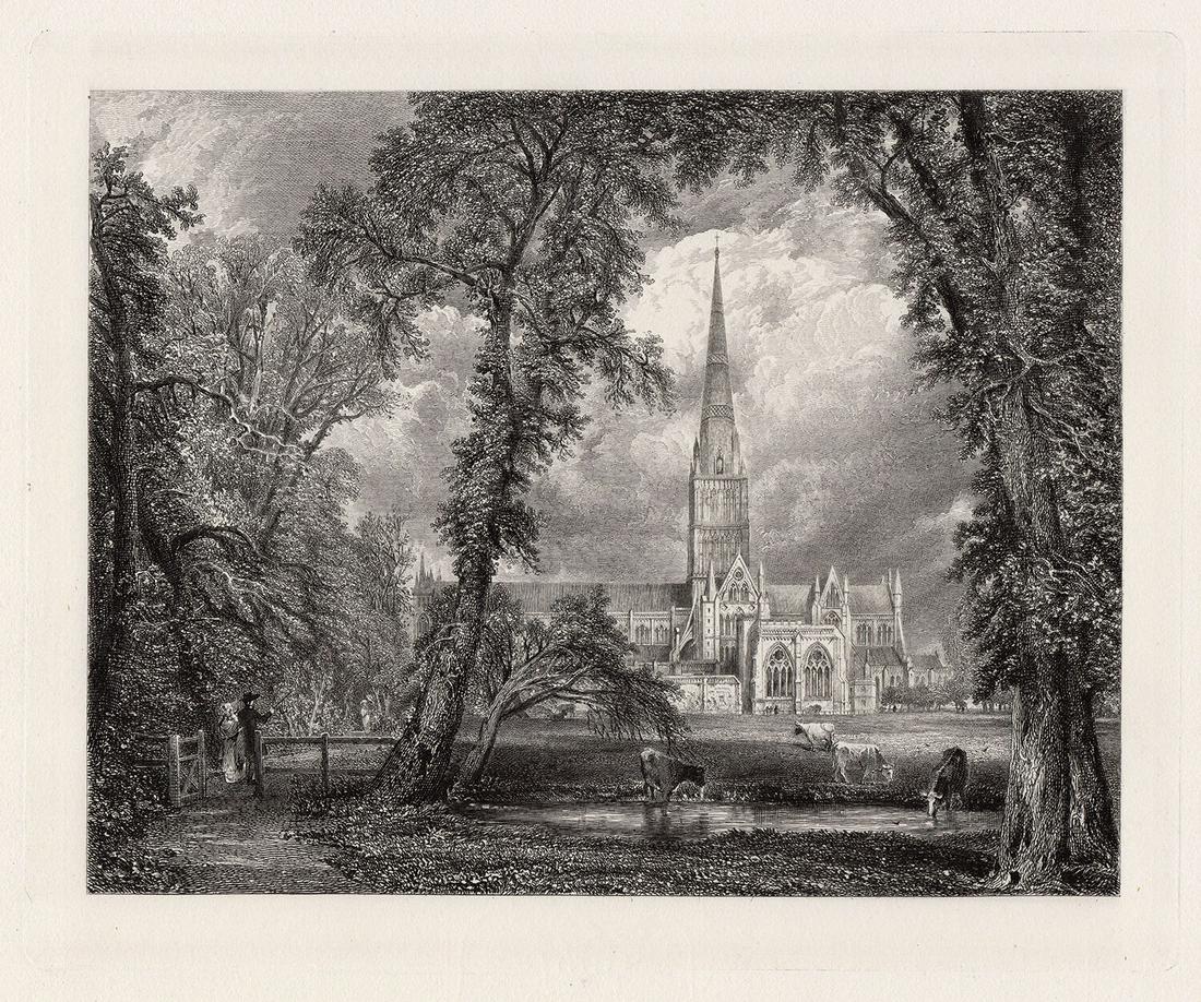 John Constable Salisbury Cathedral 1885 engraving: John Constable. (English, 1776- 1837). Salisbury Cathedral (Salisbury Cathedral from the Bishop's Grounds). Antique engraving on thick wove paper after the original oil on canvas by master engraver Ro