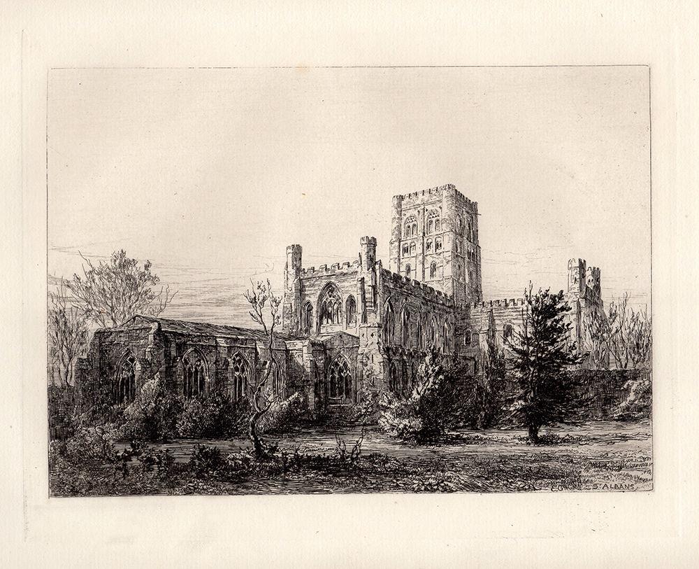 Sir Ernest George St. Alban's Abbey etching signed: Sir Ernest George. (English, 1839-1922). St. Alban's Abbey. Original Hand Pulled Copper Plate Etching on Wove Paper. 1876. Signed in the Plate. Excellent. Image Size 5 3/4 x 8 1/4 inches. Framed dimen