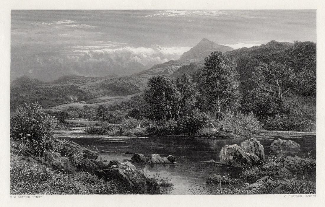 Benjamin Williams Leader On the Llugy, North Wales 1878: Benjamin Williams Leader. (English, 1831 â€“ 1923). On the Llugy, North Wales. Antique steel engraving on wove paper after the original painting by master engraver Charles Cousen (1819 - 1889). 1