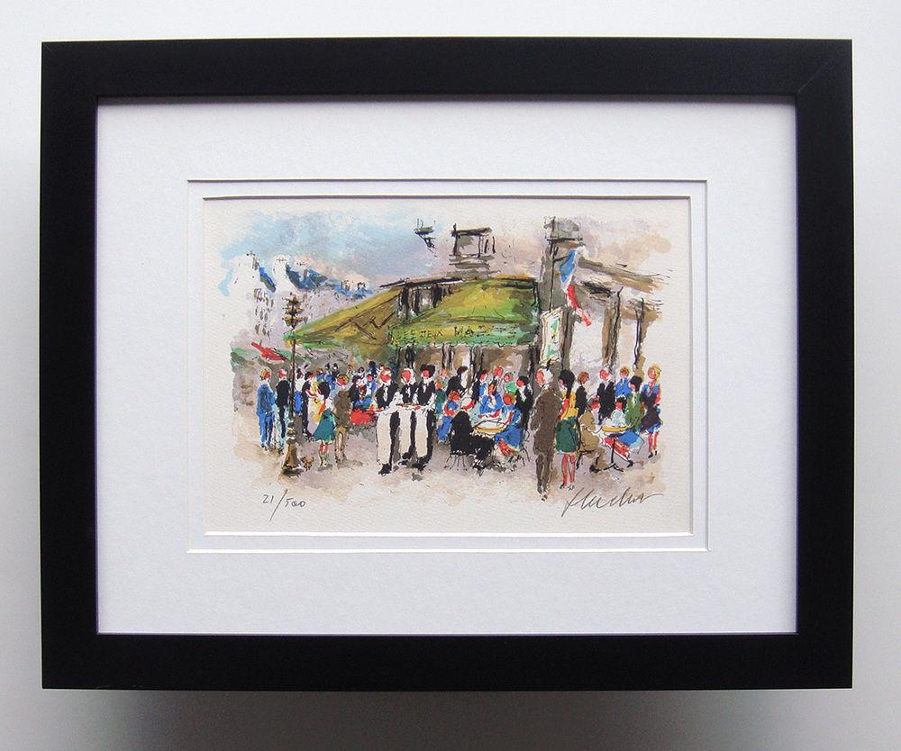 Urbain Huchet Les Deux Magots lithograph signed: Urbain Huchet (French, 1930 - 2014). Les Deux Magots. Original Color Lithograph on Arches Rag Paper. Hand Signed by the Artist Lower Right, Numbered in Pencil Lower Left. Excellent. Sheet Size 7 1/2 x