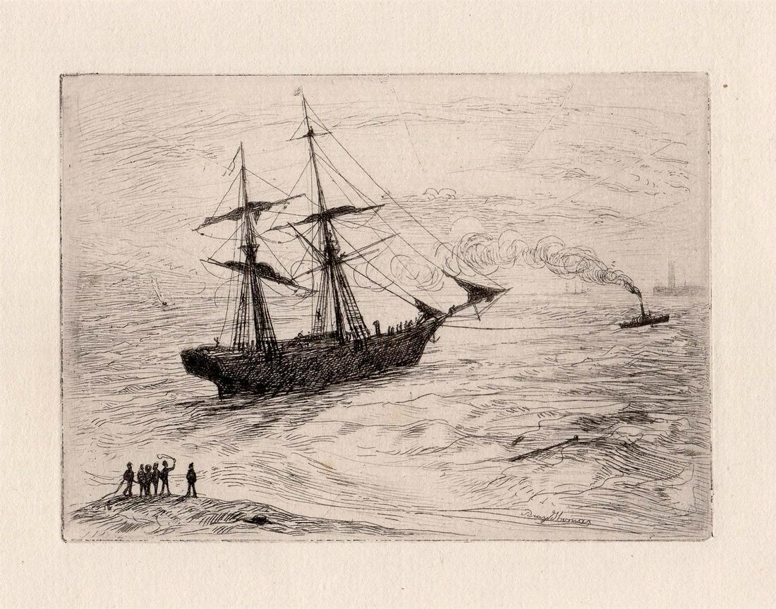 Percy Thomas Saved etching signed: Percy Thomas. (English, 1846-1922). "Saved". Antique etching on thick laid paper. . 1876. Signed in the plate, lower right. Excellent. Image size 3 3/4 x 5 1/4 inches. This artwork is accompanied by a
