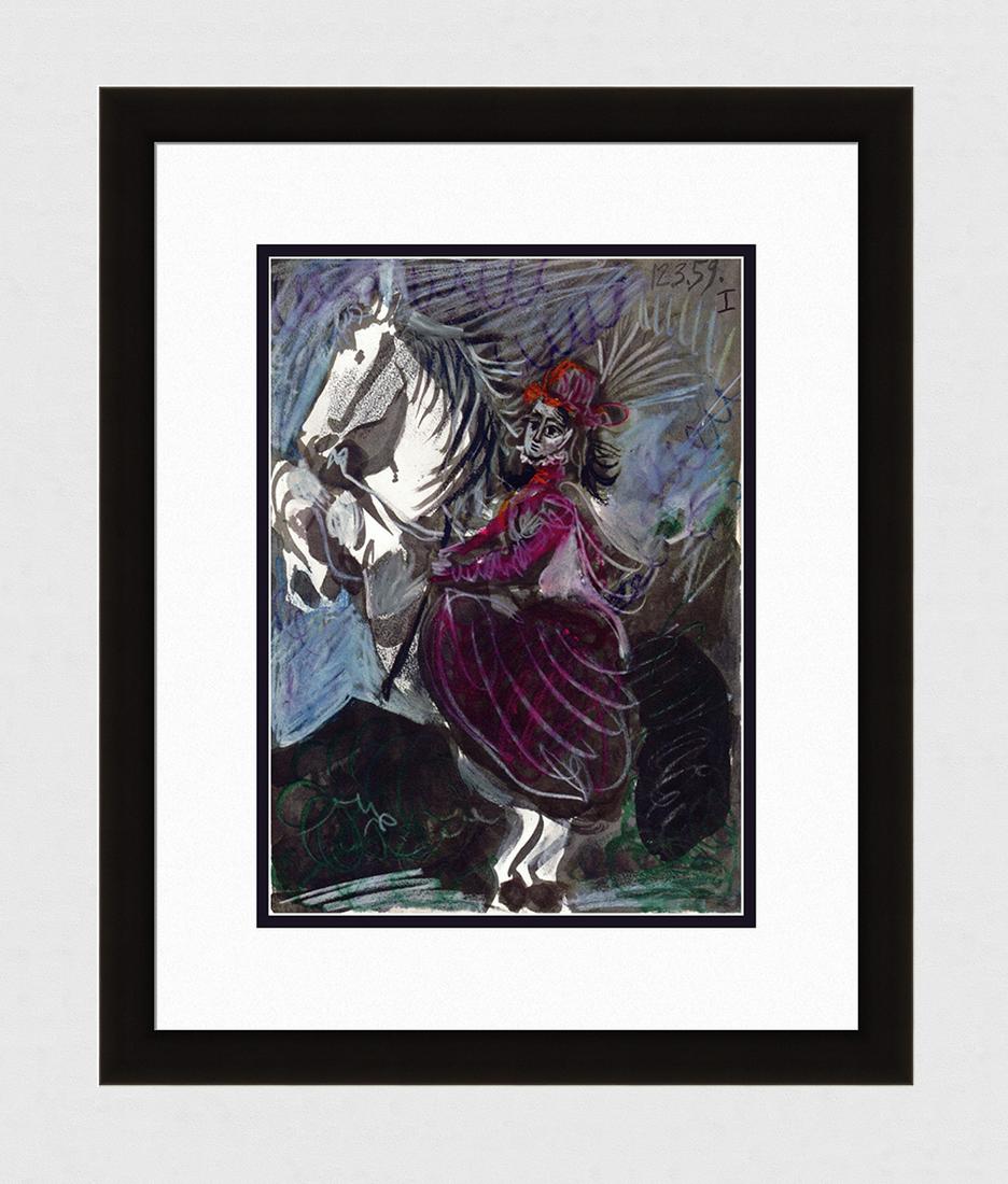 PICASSO 1961 Lithograph Jacqueline on the White Horse: Pablo Picasso (1881 - 1973). Jacqueline on a White Horse. 1961 Color offset lithograph, on Arches paper, after the original sketch. Atelier Mourlot. Dated in the plate, upper right. Editions Cercle d'