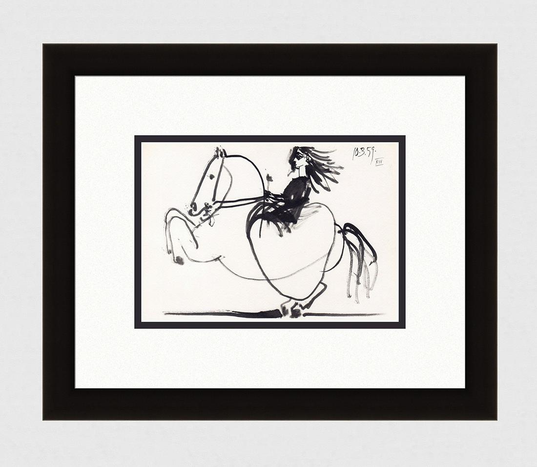 1961 Pablo PICASSO Mourlot Lithograph "Woman on a: Pablo Picasso (1881 - 1973). Woman on Horse (Jacqueline). 1961 Color offset lithograph, on Arches paper, after the original sketch. Atelier Mourlot. Dated in the plate, upper right. Editions Cercle d'