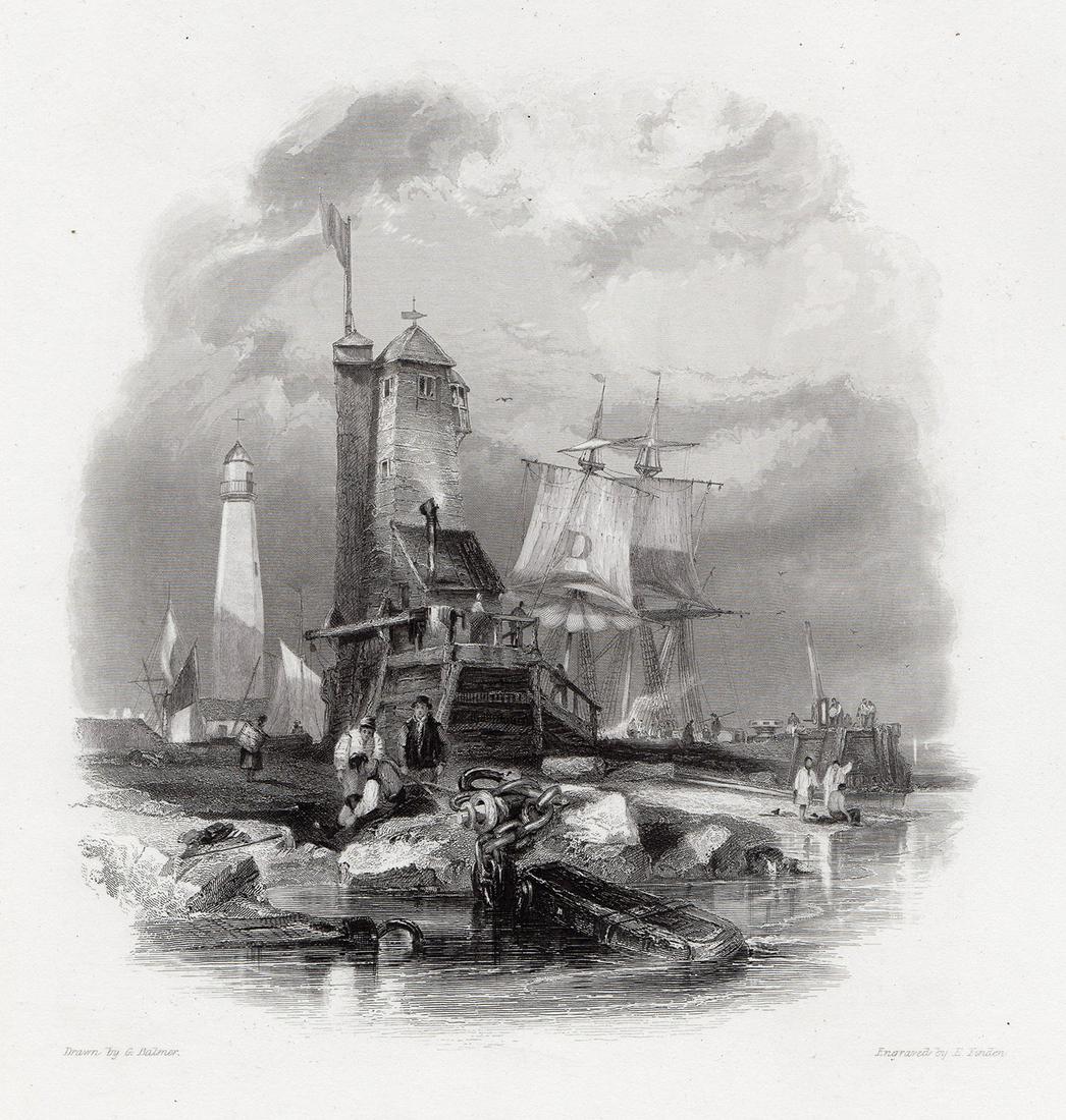 George Balmer Lighthouse South Pier 1842 engraving: George Balmer. (English, c. 1806 - 1846). Sunderland, the Lighthouse on the South Pier. Antique engraving on wove paper after the original drawing by master engraver Edward Francis Finden (English, 17