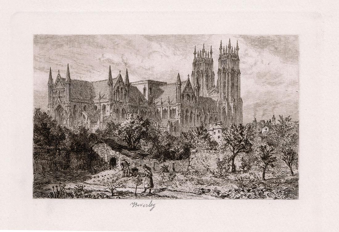 Alfred Dawson Beverley Minster 1892 etching: Alfred Dawson. (British, 1843-1931). Beverley Minster. Antique Etching on wove paper. 1892. Excellent. Image Size 3 5/8 x 5 3/8 inches. Approximately 12 x 13 inches. This piece has been professionally
