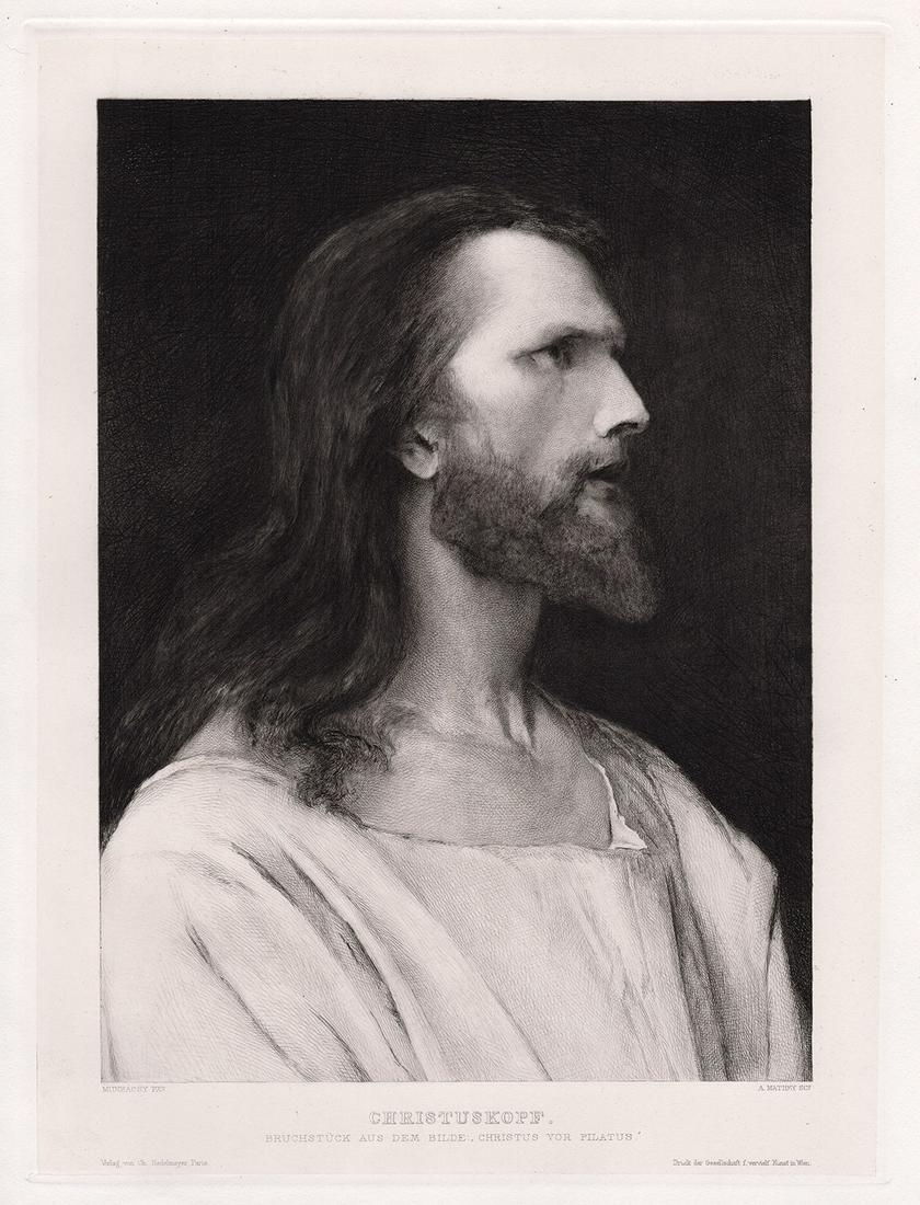 Mihaly Munkacsy Christ 1887 etching signed: Mihaly Munkacsy. (Hungarian, 1844-1900). Christuskopf (Head of Christ). Hand pulled copper plate etching on wove paper after the original oil on canvas by master etcher Armand Mathey-Doret (French, 18