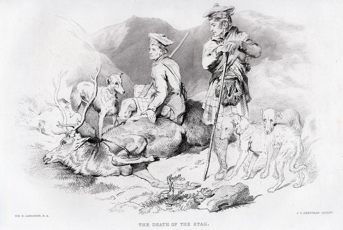 Sir Edwin Henry Landseer The Death of the Stag 1876: Sir Edwin Henry Landseer. (English, 1802-1873). The Death of the Stag. Antique Steel Engraving on wove paper after the original by Master Engraver James Charles Armytage (English, 1802 or c. 1820 - 18