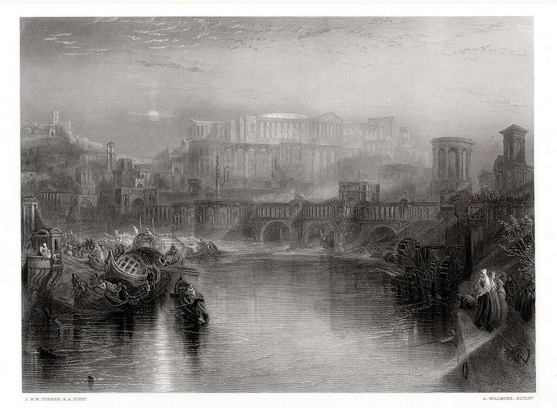 JMW Turner 1862 engraving Ancient Rome signed: Joseph Mallord William Turner. (English, 1755-1857). Ancient Rome (Agrippina Landing with the Ashes of Germanicus). Antique engraving on laid paper after the original oil on canvas by master engraver