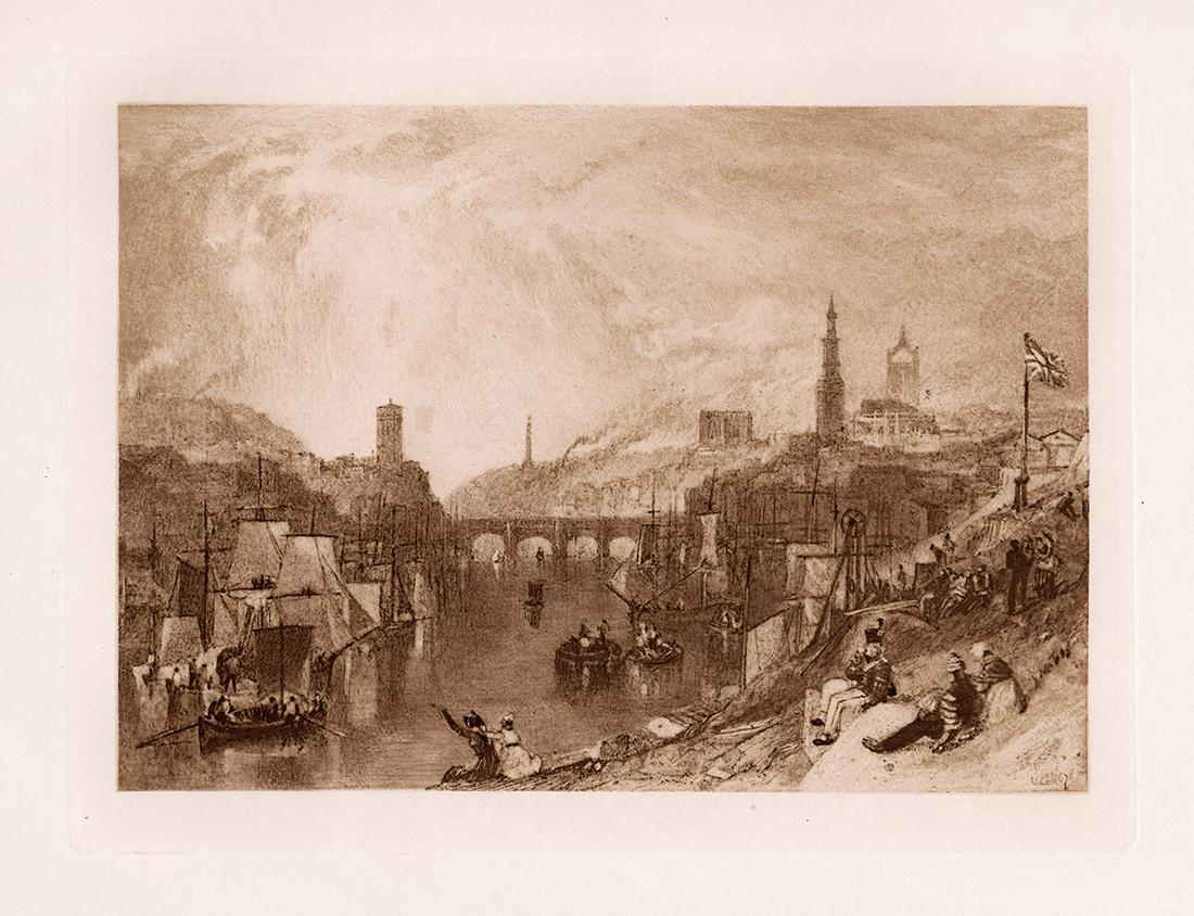 1888 JMW Turner Newcastle-on-Tyne engraving signed: Joseph Mallord William Turner. (English, 1775-1851). Newcastle-on-Tyne. Antique engraving on wove paper after the original watercolor by master engraver Dujardin. 1888. Signed in the plate, lower righ