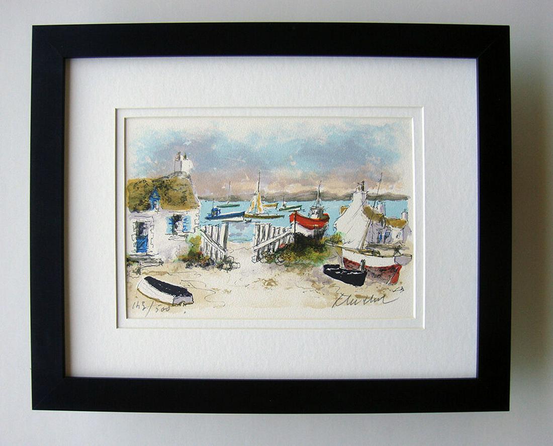 Urbain Cottages in Chausey lithograph signed: Urbain Huchet (French, 1930 - 2014) "Cottages in Chausey". Color Lithograph on Arches rag paper. Hand Signed by the artist lower right. Provenance: Purchased Directly from the artist a number of years
