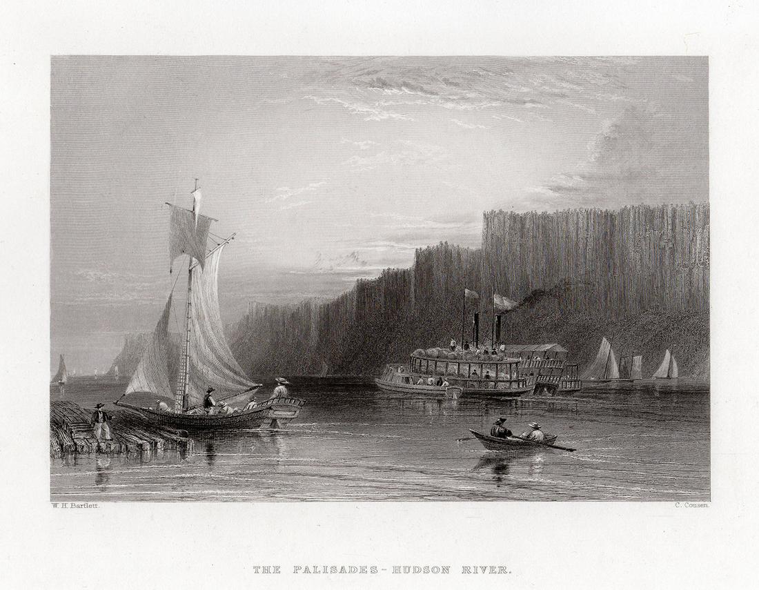 1838 William Henry Bartlett Hudson River engraving: William Henry Bartlett. (British, 1809-1854). The Palisades - Hudson River. Antique engraving on wove paper after the original by master engraver Charles Cousen (English, 1819-1889). 1838. Signed in t
