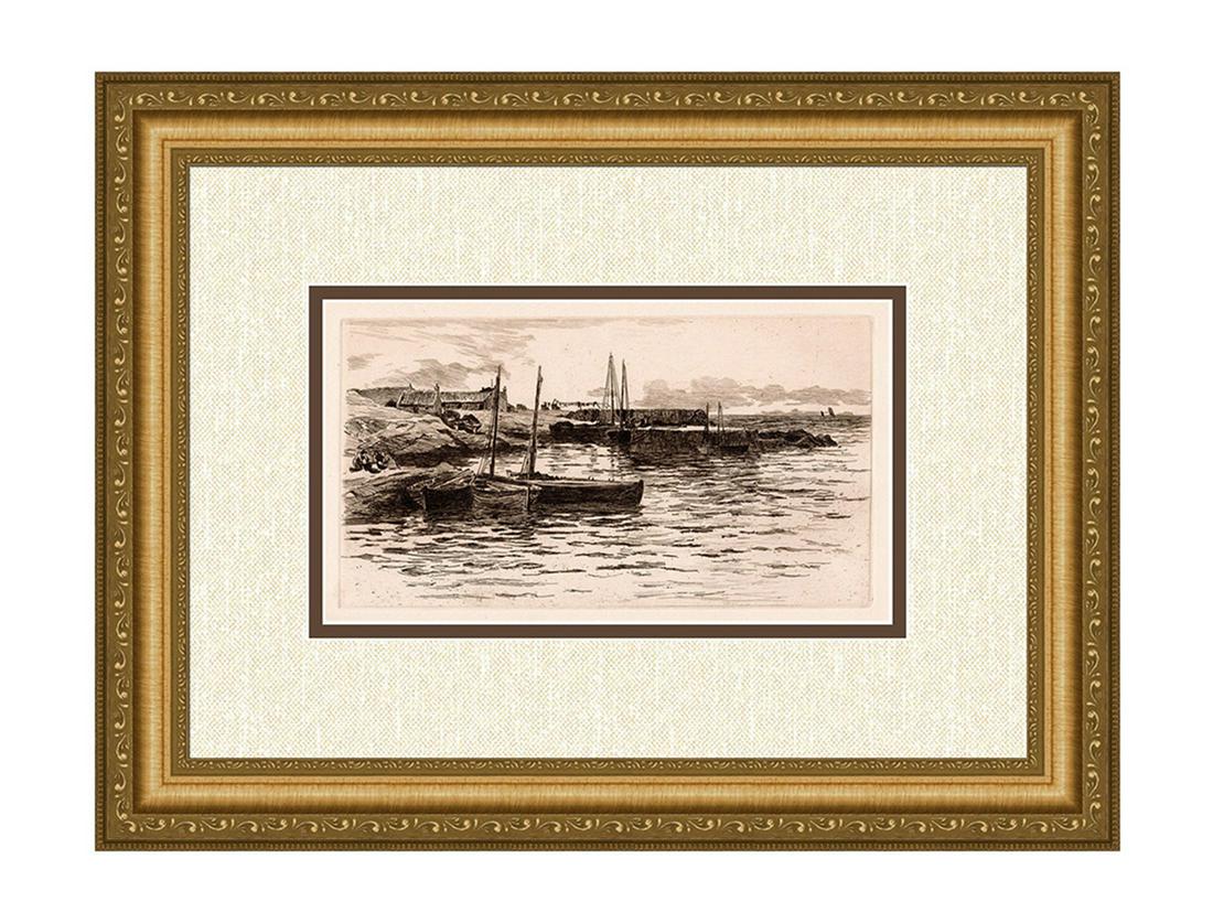 Colin Hunter A Banffshire Harbour 1887 etching: Colin Hunter. (British, Scottish, 1841-1904). A Banffshire Harbour. Antique etching on thick wove paper. 1887. Excellent. Image size 5 x 9 1/8 inches. Approximately 15 x 17 inches. This piece has been