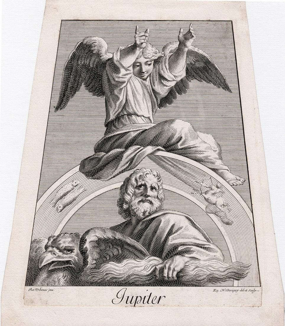 1695 Raphael Jupiter Planetarium Engraving: Raphael (Italian, 1483-1520). Jupiter, the king of the gods with his eagle holding a thunderbolt (with Sagittarius and Pisces); (From Raphaelis Sanctii Urbinatis Planetarium). Approximately 18 x 19 in