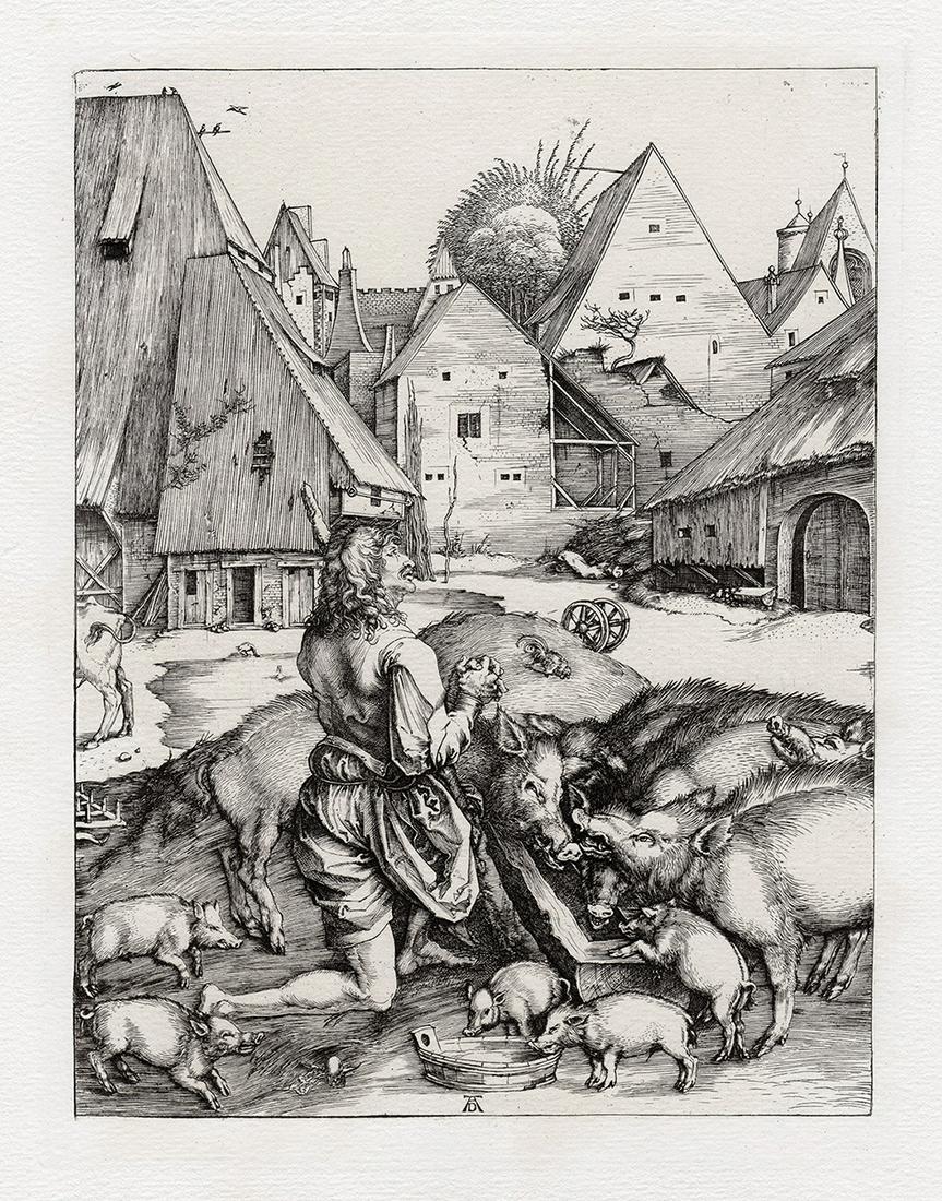 Albrecht Durer Prodigal Son 1800: Albrecht Durer. The Prodigal Son. Original hand pulled copper plate etching after the original by master etcher Amand Durand (1831-1905). 1879. Signed in the plate, lower center. Excellent. Image 7 1/