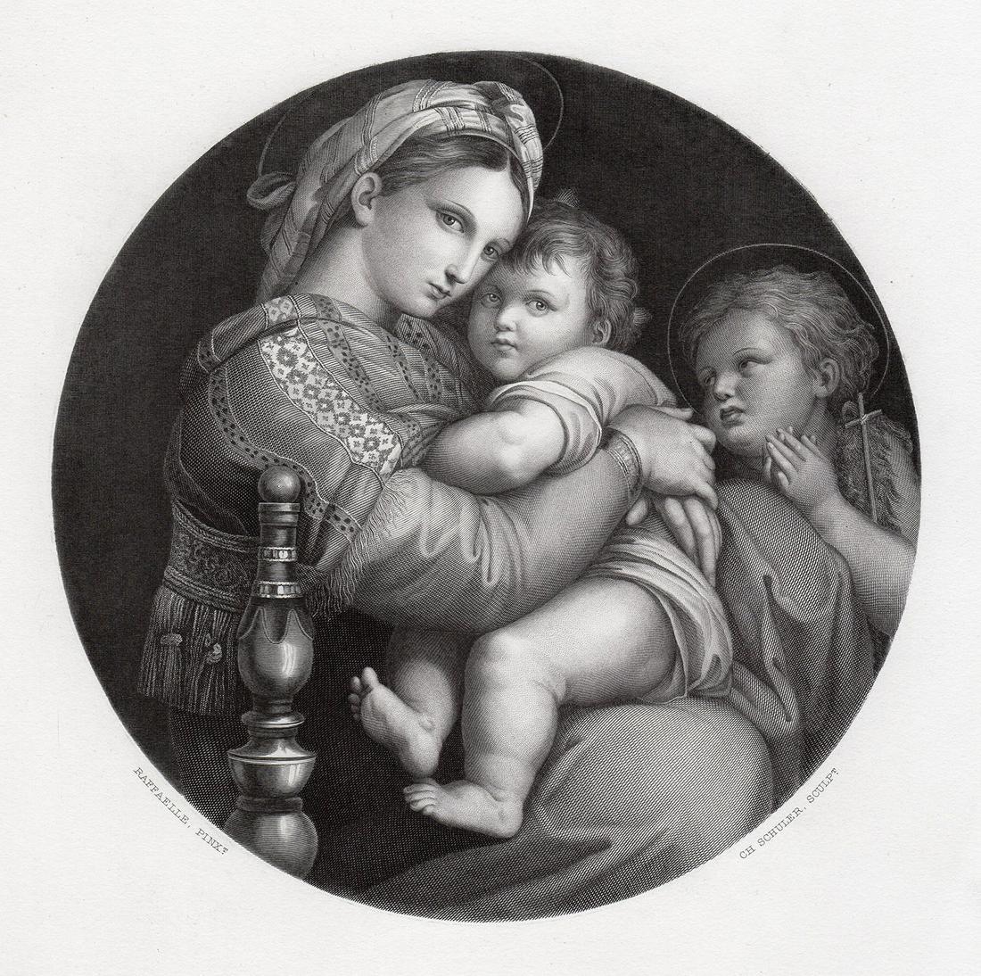 Raphael The Madonna Della Sedia 1875 engraving: Raphael. (1483-1520). The Madonna Della Sedia (Madonna Della Seggiola). Antique Steel Engraving on wove paper after the original oil on panel by master engraver C. H. Schuler. 1875. Signed in the plat