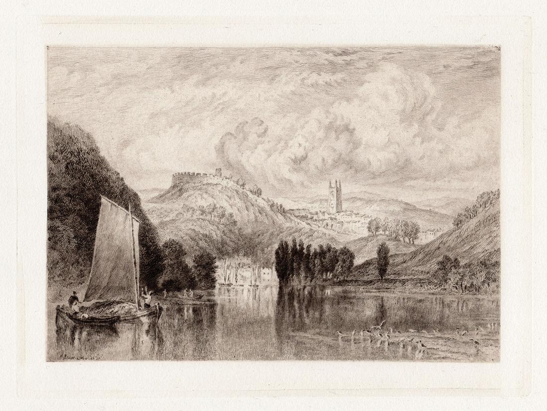JMW Turner 1885 etching Totnes signed: Joseph Mallord William Turner. (English, 1775-1851). Totnes. Antique etching on wove paper after the original watercolor drawing by master engraver Alfred Louis Brunet Debaines (French, 1845-1939). 18