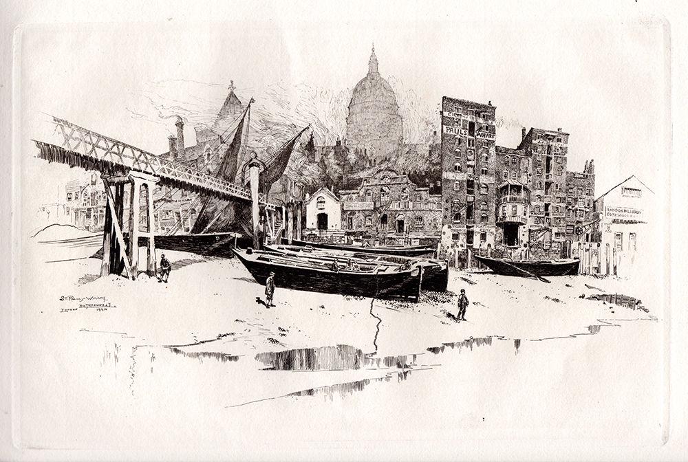 Joseph Pennell 1885 etching St Paul's from Paul's Wharf: Joseph Pennell. (American, 1857 - 1926). St Paul's from Paul's Wharf. Antique hand pulled copper plate etching on laid paper. 1885. Signed in the plate, lower left. Excellent. Image Size 6 1/2 x 10 1/