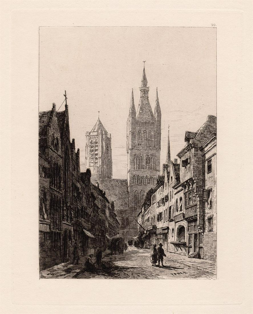 Sir Ernest George Ypres Cathedral Tower etching signed: Sir Ernest George. (English, 1839-1922). "Ypres. The Belfry of the Cloth Hall and the Cathedral Tower ". Hand pulled copper plate etching on laid paper. 1878. Signed and titled in the plate. Excellent