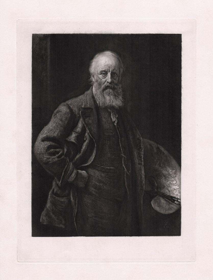 Sir John Everett Millais Portrait of J. C. Hook 1888: Sir John Everett Millais, 1st Baronet (English, 1829-1896). Portrait of J. C. Hook, R. A. (English Painter, 1819-1907). Antique Engraving on wove paper after the original by Master Engraver A. H. Palm