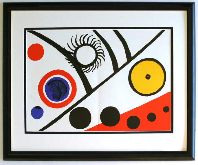Alexander Calder Sun Moon Lithograph Framed: Calder, Alexander. "Soleil et la luna" Color lithograph published by Maeght, 1976. 15 x 22 inches. Professionally framed and matted. Notes: reference dlm 221. This artwork is accompanied by a Gallery 