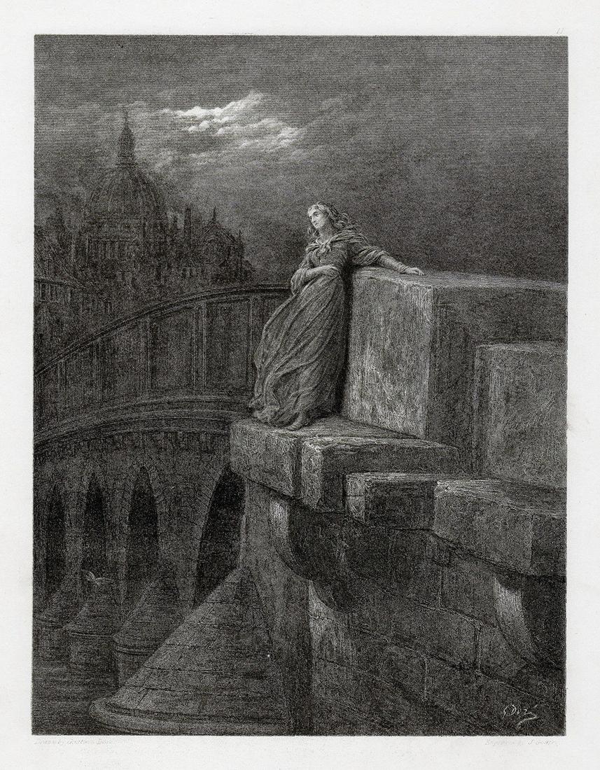 Gustave Dore 1882 engraving The Bridge of Sighs (One: Gustave Dore (Paul Gustave Louis Christophe Dore )(French, 1832-1883). The Bridge of Sighs ("One More Unfortunate"). Antique engraving on wove paper after the original drawing by master engraver John
