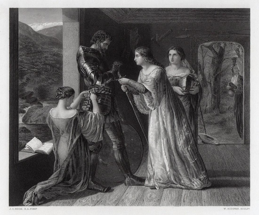 James Clarke Hook 1867 engraving Arming the Knight: James Clarke Hook. (1819-1907). Arming the Knight. Antique engraving on wove paper after the original by master engraver William Ridgway (British, 1855-1885). 1867. Signed in the plate. Excellent. Ima