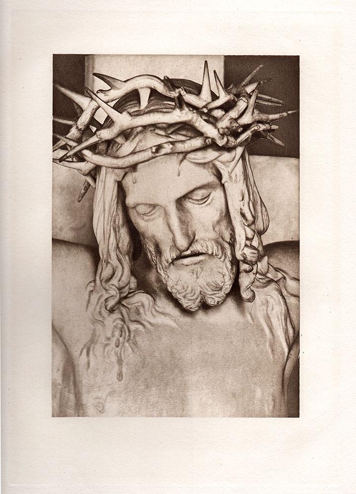 Francois Rude Head of Christ on the Cross 1884 print: Francois Rude (French, 1784-1855). Head of Christ on the Cross. Antique Heliogravure on thick wove paper after the original sculpture by master engraver Dujardin. 1884. Excellent. Image Size 5 1/2 x 8