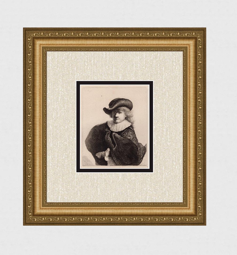 1800s REMBRANDT in Cloak B7 Etching DURAND STAMPED: After Rembrandt Harmenszoon Van Rijn (1606-1669). Title: Self Portrait in a Soft hat and Embroidered Cloak. Medium: Antique hand pulled copper plate etching on laid paper after the original by master 