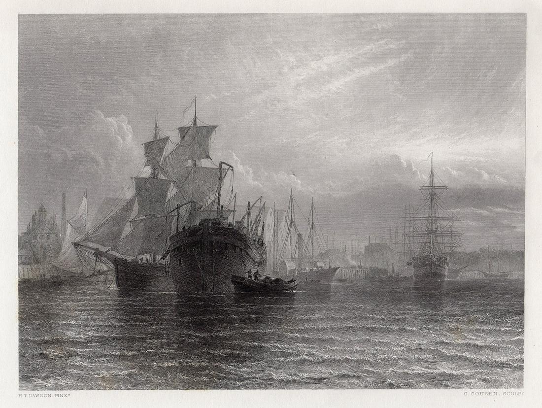Henry Dawson Woolwich Dockyard engraving signed: Henry Dawson. (British, 1811-1878). Woolwich Dockyard. Antique Steel Engraving on wove paper after the original Master Engraver Charles Cousen (English, 1819 - 1889). 1879. Signed in the plate. Excell