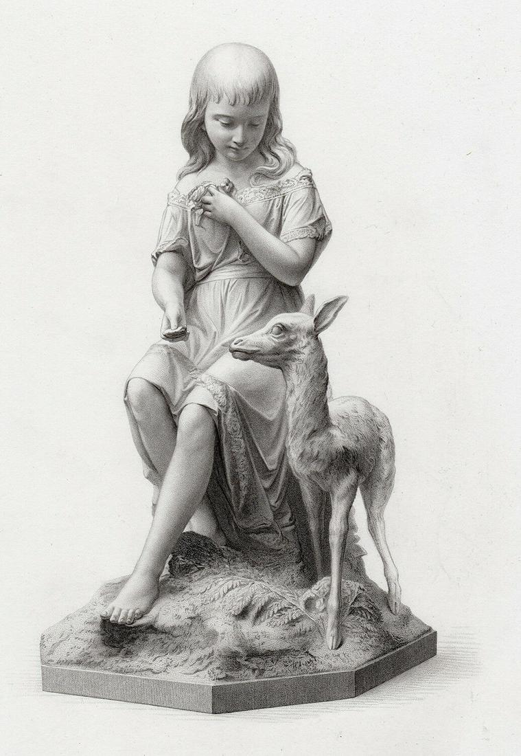 Matthew Noble Amy and her Fawn 1872 engraving: Matthew Noble. (British, 1817 - 1876). Amy and her Fawn. Antique engraving on wove paper after the original sculptore by master engraver Richard Austin Artlett (English, 1807 - 1873). 1872. Excellent.