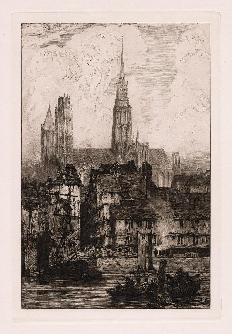 1888 Richard Parkes Bonington Rouen etching signed: Richard Parkes Bonington. (English, 1802-1828). Rouen. Antique etching on thick wove paper after the original by master etcher FRANK SHORT (English, 1857-1945). 1888. Signed in the plate lower left. E