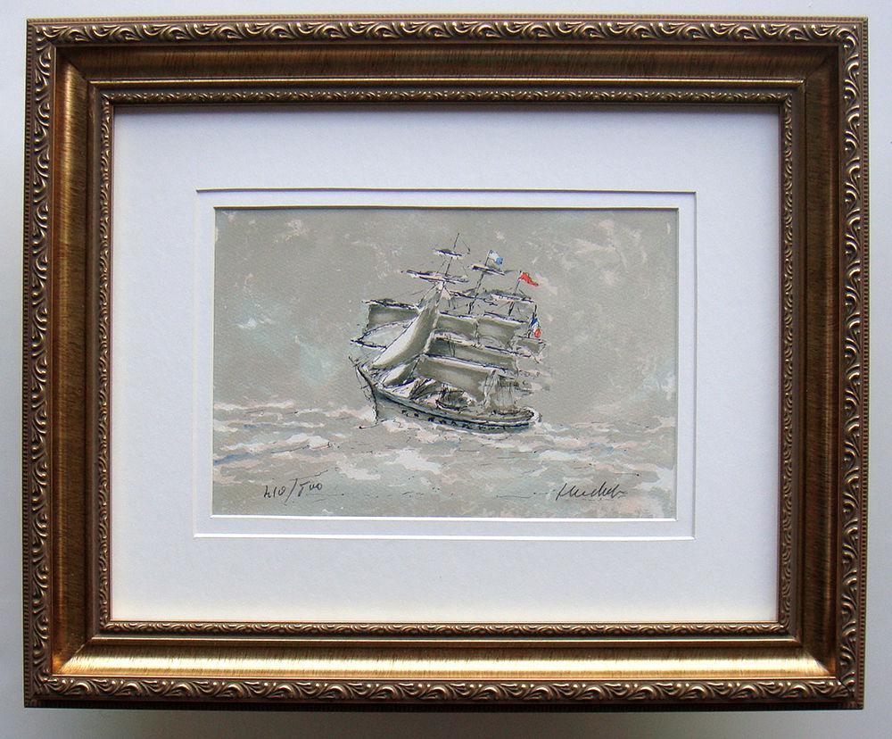 Urbain Huchet Trois Mats lithograph signed: Urbain Huchet (French, 1930 - 2014). Trois Mats. Original Color Lithograph on Arches Rag Paper. Hand Signed by the Artist Lower Right, Numbered in Pencil Lower Left. Excellent. Sheet Size - 7 1/2 x 11