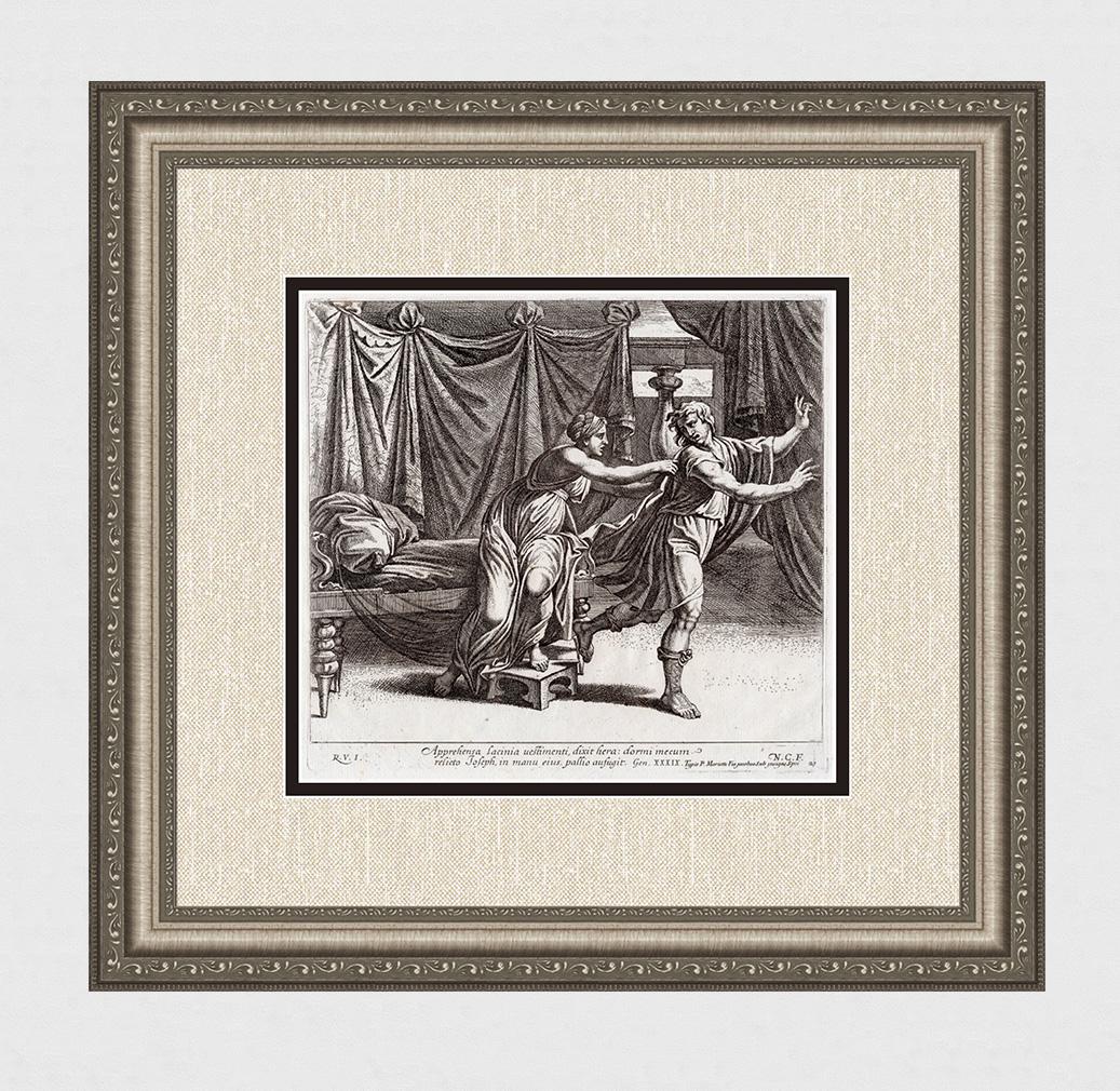 Raphael 1649 Engraving Vatican Joseph and the: Raphael (Italian, 1483-1520). Joseph and the Pontiphar's wife. Antique 1649 engraving on laid paper after the original from the series of etchings Biblical Scenes, after the frescoes by Raphael in the