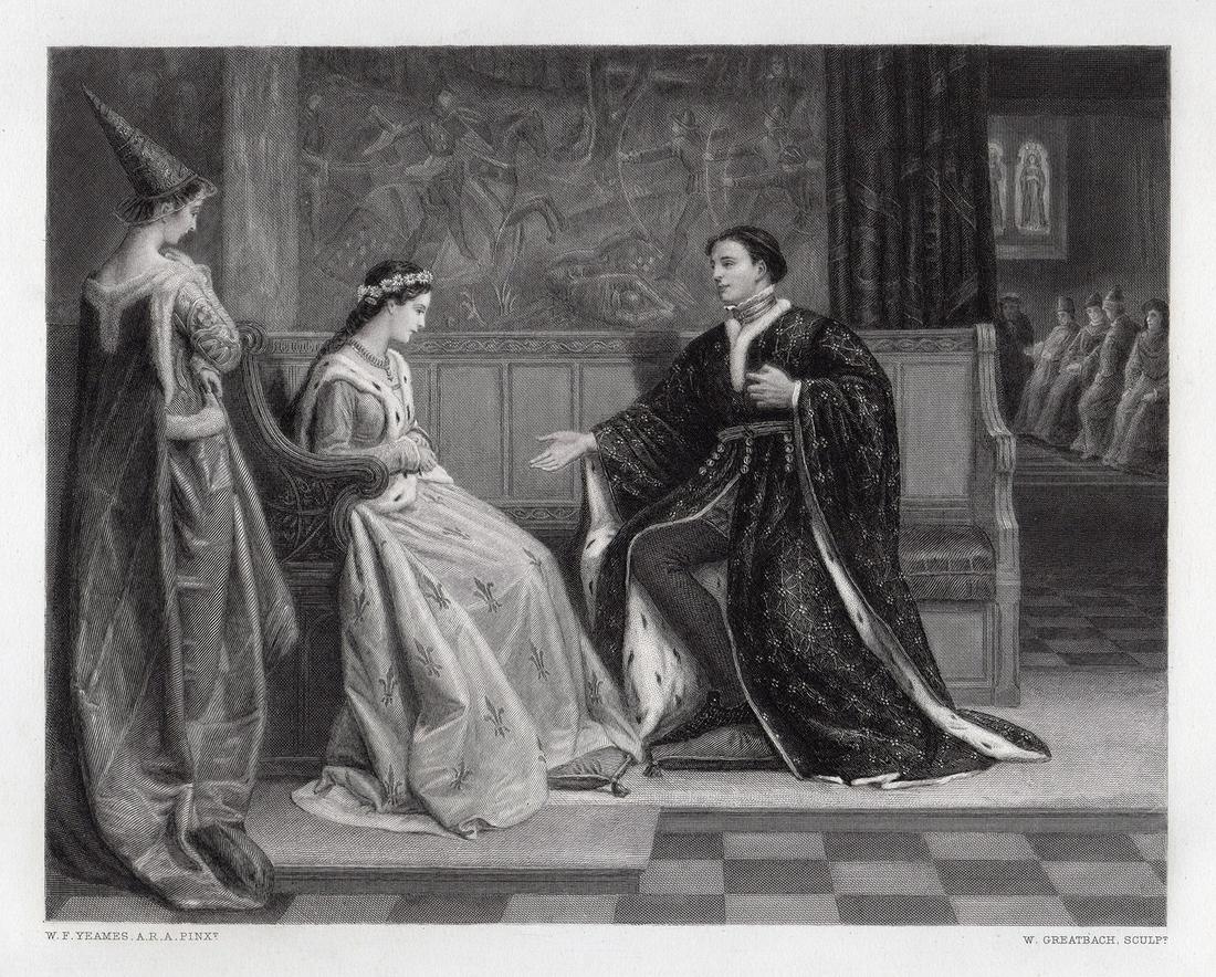 William Frederick Yeames 1876 engraving The Wooing of: William Frederick Yeames. (British, 1835-1918). The Wooing of Henry V. Antique steel engraving on wove paper after the original by master engraver William Greatbach (1802-1885). 1876. Signed in the pl