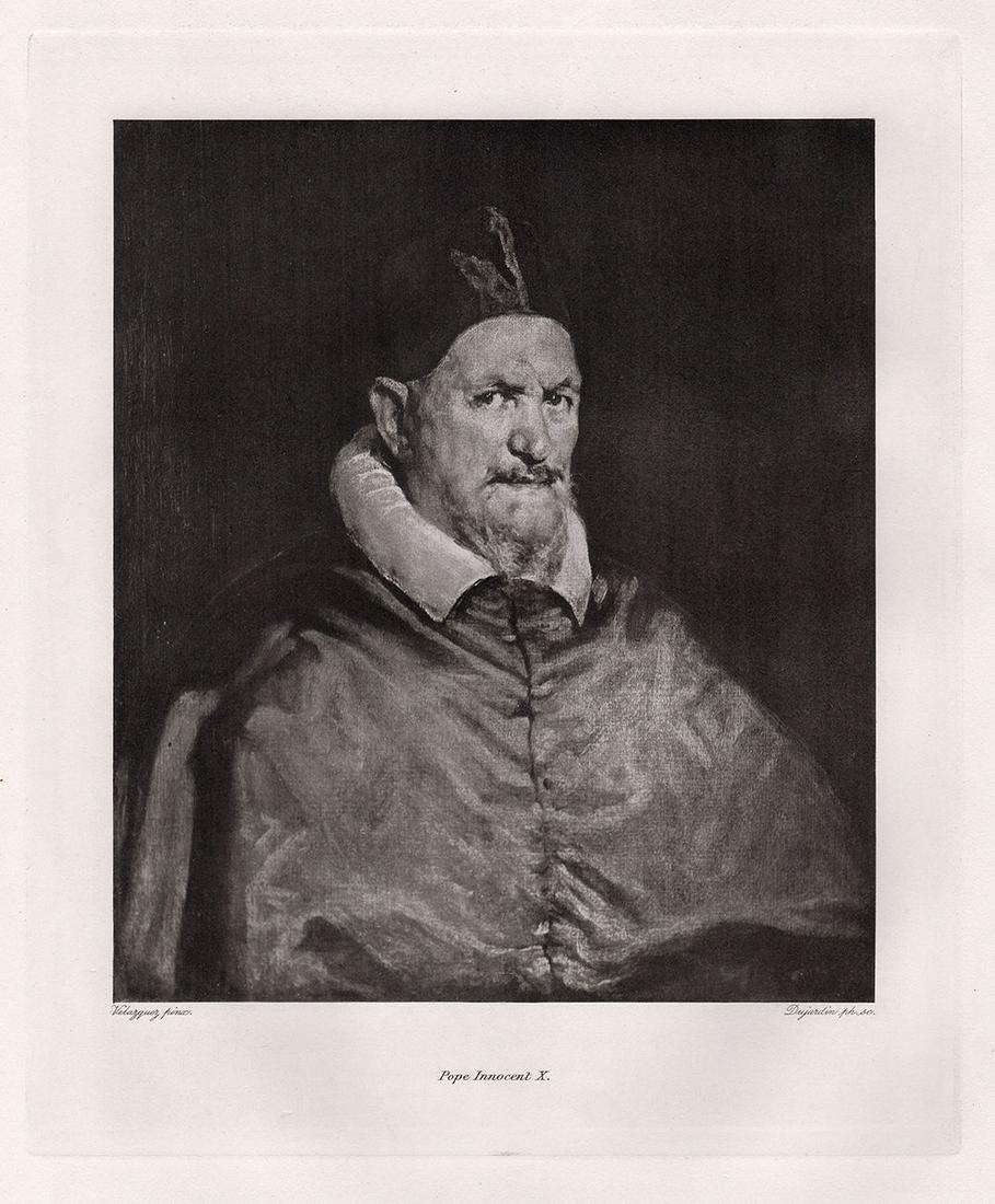 Diego Velazquez Pope Innocent X print signed: Diego Velazquez. (Velaquez) (Diego Rodriguez de Silva y Velazquez) (Spanish, baptized 1599-1660). Pope Innocent X. Antique Heliogravure on wove paper after the original oil on canvas by Master Engrave