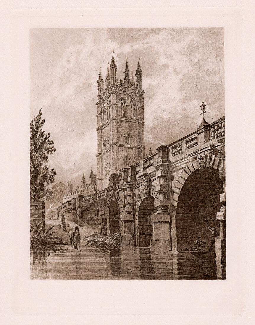 JMW Turner Magdalen Bridge and Tower 1891 watercolor: Joseph Mallord William Turner. (English, 1775-1851). Magdalen Bridge and Tower. Antique Heliogravure on thick wove paper after the original watercolor and graphite on paper by a Master Engraver. 1891.