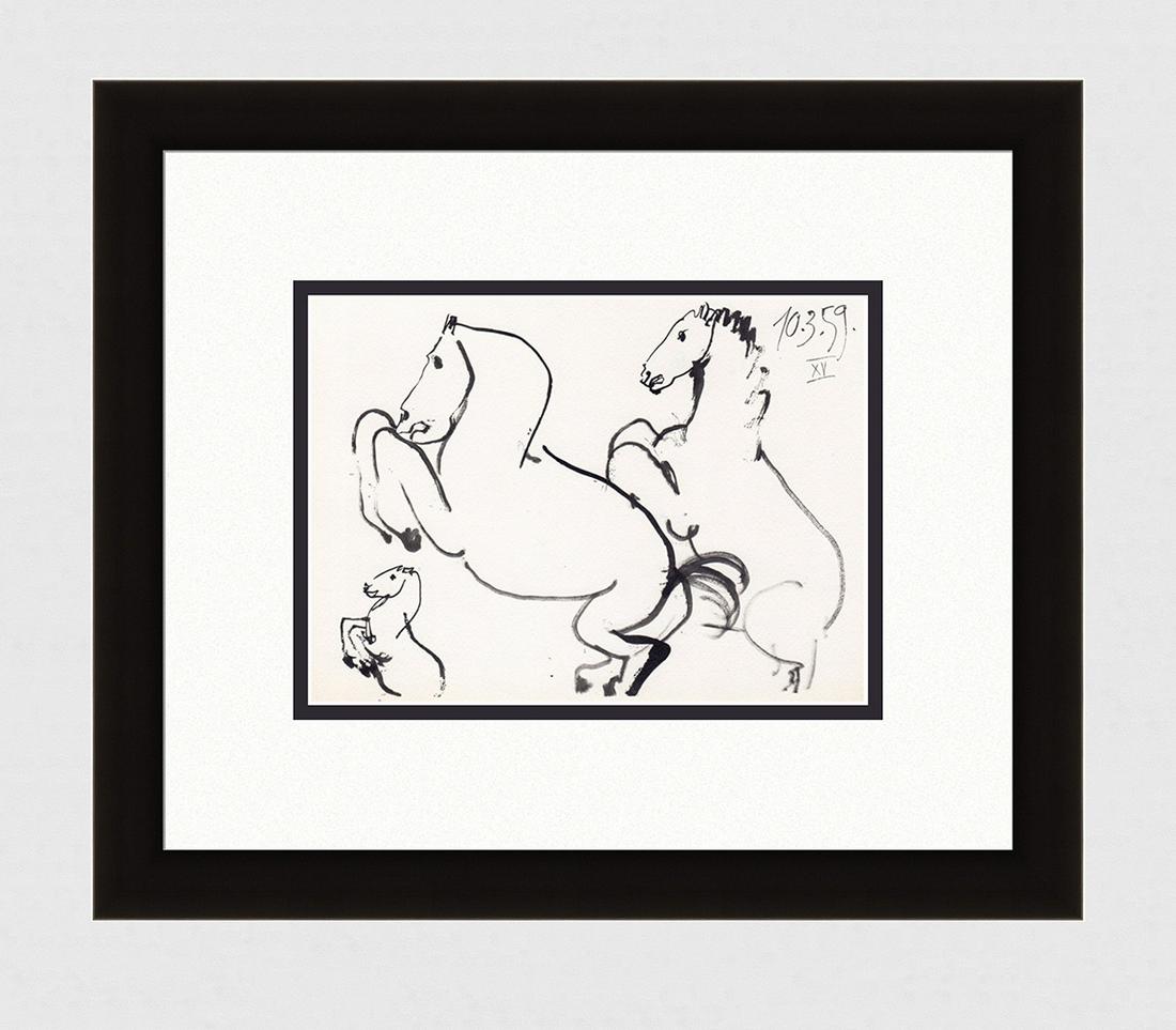 1961 PICASSO Mourlot Lithograph "The Three Horses": Pablo Picasso (1881 - 1973). Three Horses. 1961 Color offset lithograph, on Arches paper, after the original sketch. Atelier Mourlot. Dated in the plate, upper right. Editions Cercle d'Art. Condition: