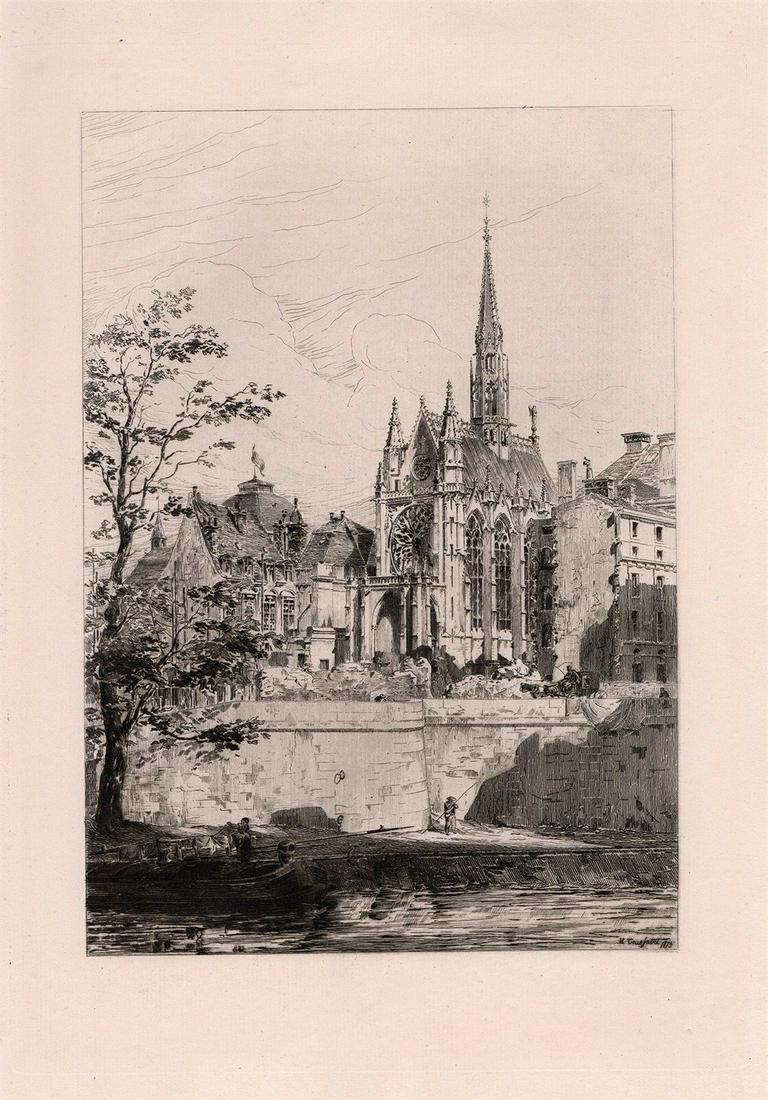 Toussaint Sainte Chapelle at Paris 1876 etching: Charles Henri Toussaint. (French, 1849-1911). The Sainte Chapelle at Paris. Antique etching on thick laid paper. 1876. Signed in the plate, lower right. Excellent. Image size 7 x 10 inches. Approximat