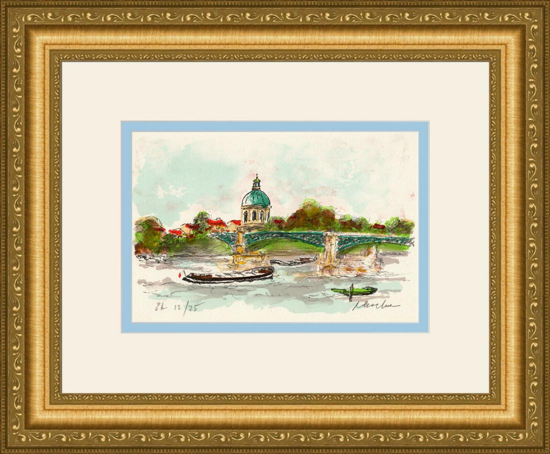 Urbain Huchet Le Pont Bleu a Toulouse lithograph signed: Urbain Huchet (French, 1930 - 2014). Le Pont Bleu a Toulouse. Original Color Lithograph on Arches Rag Paper. Hand Signed by the Artist Lower Right, Numbered in Pencil Lower Left. Excellent. Sheet Size