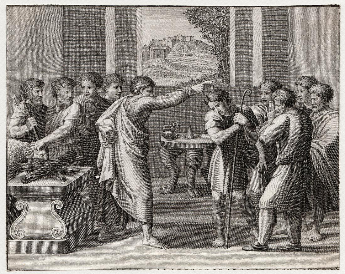 Raphael David Anointed by Samuel 1818 engraving: Raphael. (Italian, 1483-1520). David Anointed by Samuel. Antique engraving on laid paper after the original from paintings by Raphael in the Loggie of the Vatican by master engraver Camillo Tinti (Ita