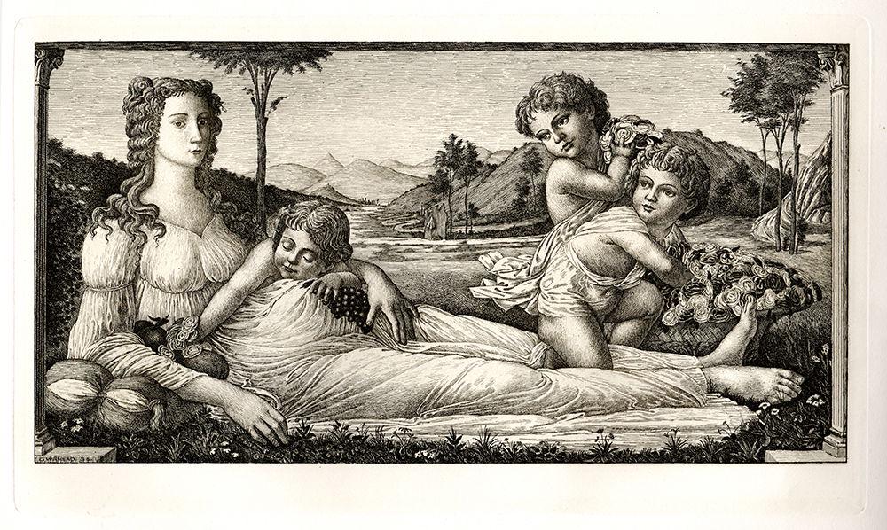 Sandro Botticelli Venus and Cupid 1886 etching: Sandro Botticelli. (Alessandro di Mariano di Vanni Filipepi) (Italian, 1445-1510). Venus and Cupids (An Allegory). Antique hand pulled copper plate etching on wove paper, after the original tempera an